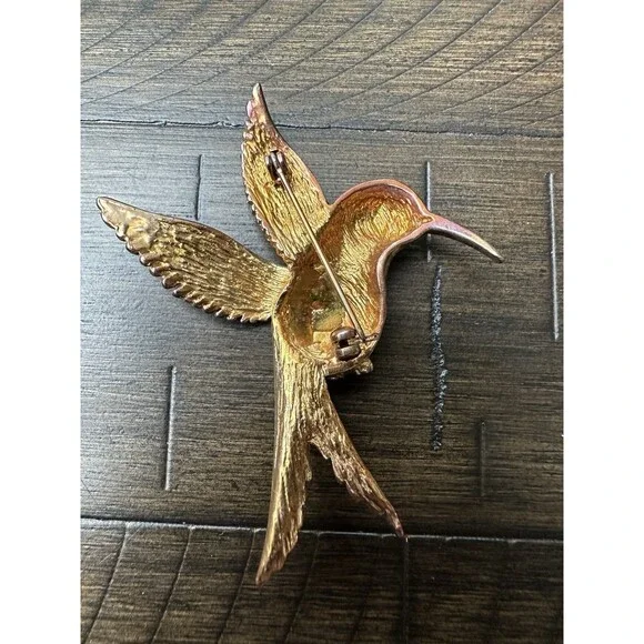 Vintage Enamel Hummingbird Brooch Pin Gold Tone Colorful Bird Large 3” - Picture 3 of 6